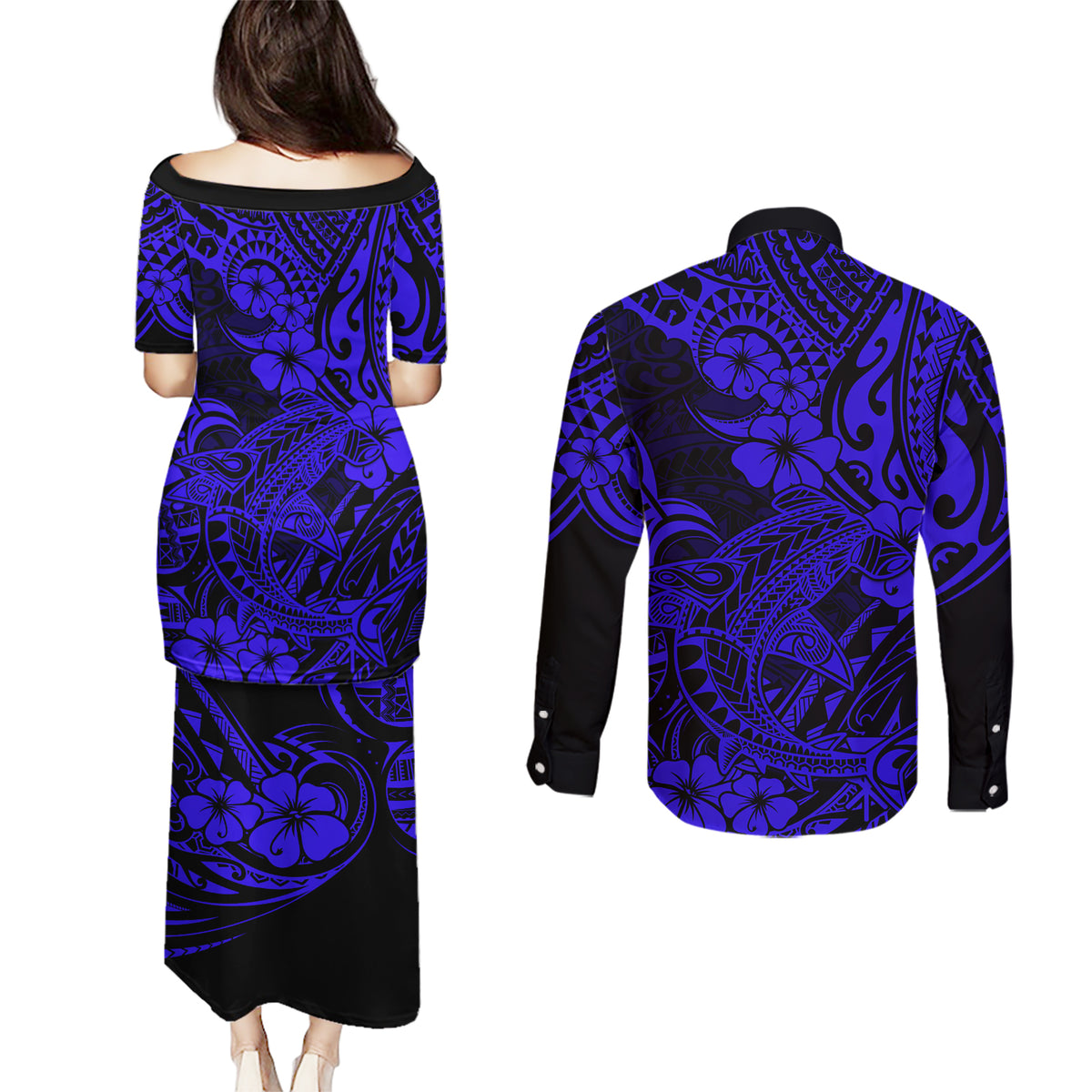 Hawaii Shark Couples Matching Puletasi Dress and Long Sleeve Button Shirts Polynesian Pattern Navy Blue Version - Wonder Print Shop