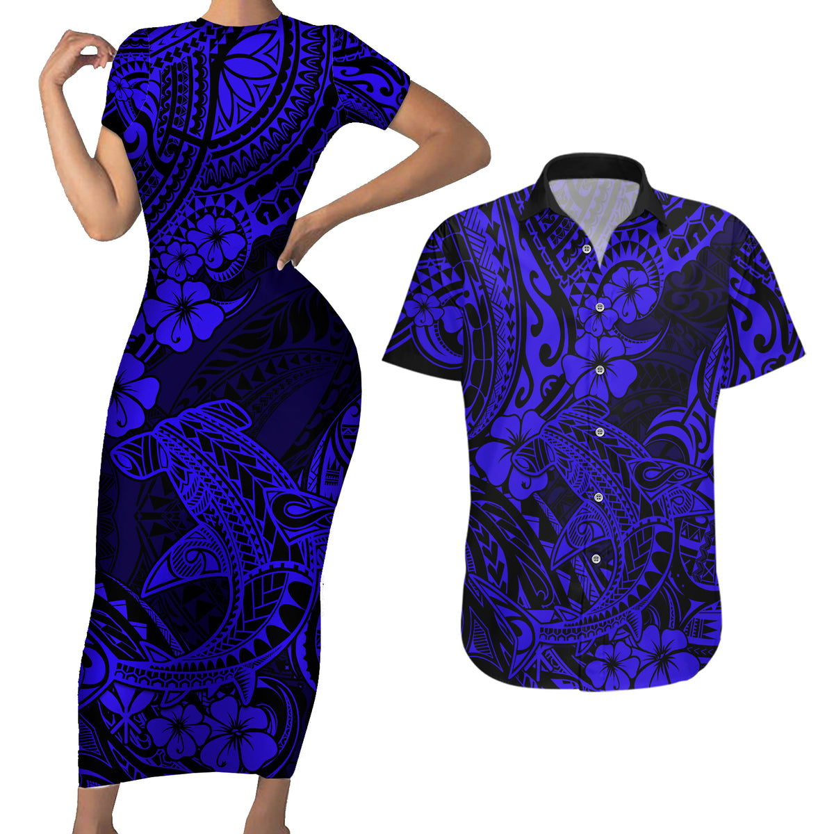 Hawaii Shark Couples Matching Short Sleeve Bodycon Dress and Hawaiian Shirt Polynesian Pattern Navy Blue Version - Wonder Print Shop