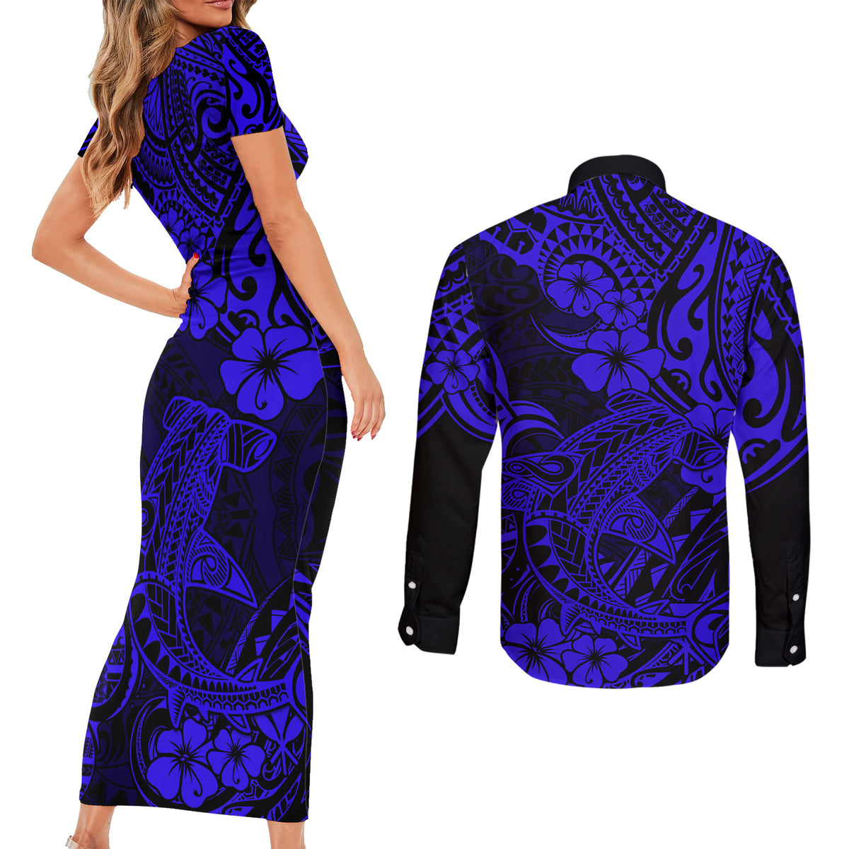 Hawaii Shark Couples Matching Short Sleeve Bodycon Dress and Long Sleeve Button Shirts Polynesian Pattern Navy Blue Version - Wonder Print Shop