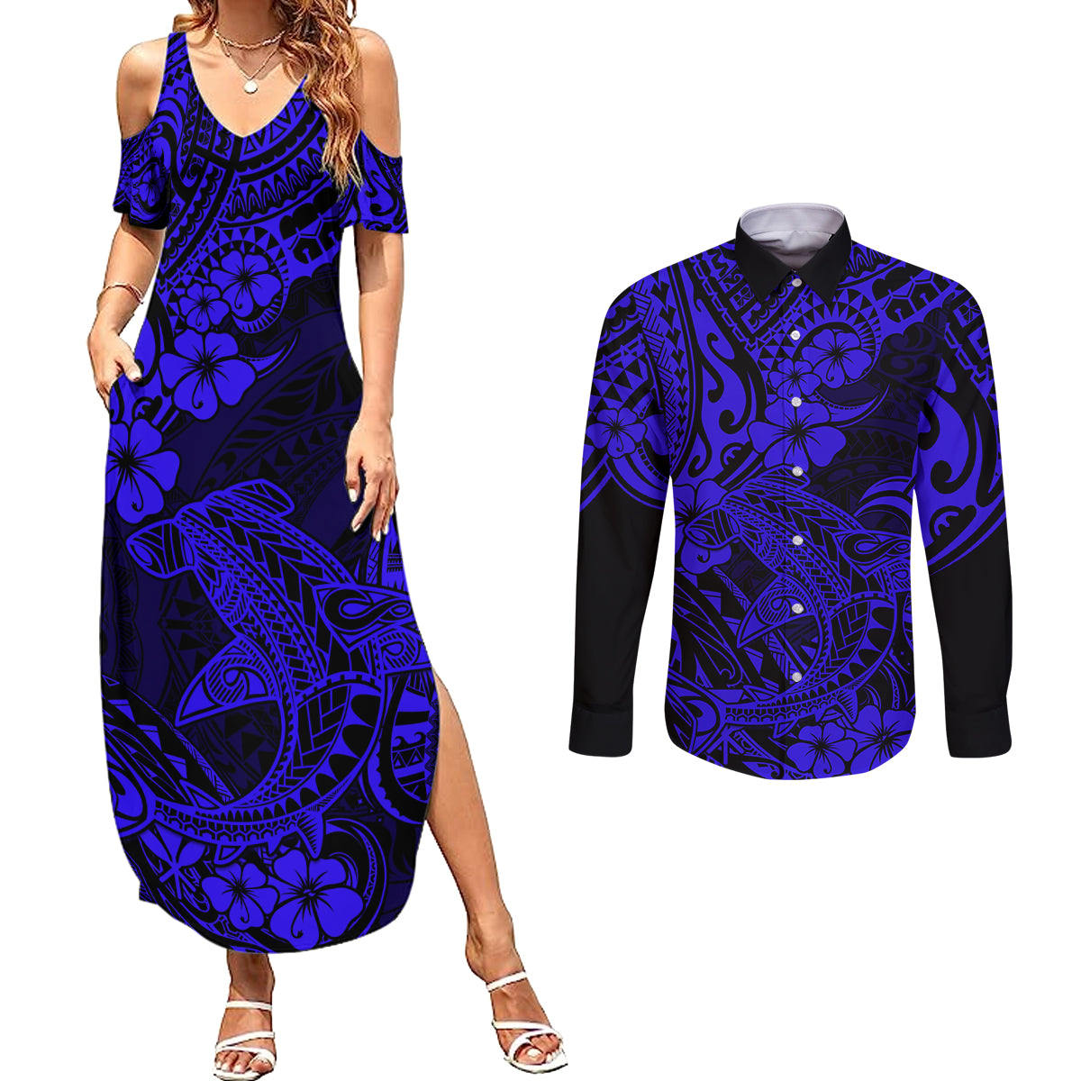 Hawaii Shark Couples Matching Summer Maxi Dress and Long Sleeve Button Shirts Polynesian Pattern Navy Blue Version - Wonder Print Shop