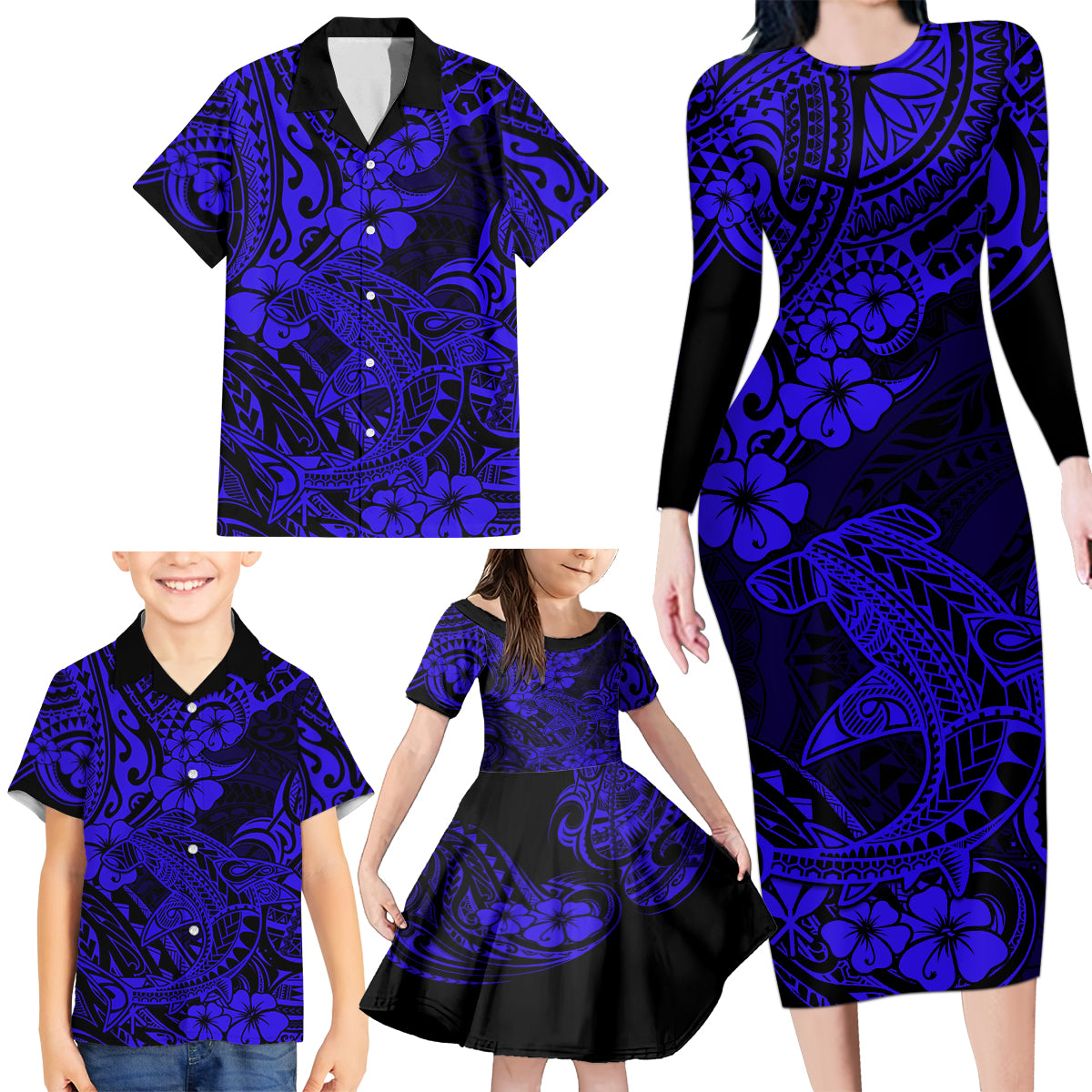 Hawaii Shark Family Matching Long Sleeve Bodycon Dress and Hawaiian Shirt Polynesian Pattern Navy Blue Version - Wonder Print Shop