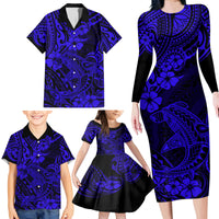 Hawaii Shark Family Matching Long Sleeve Bodycon Dress and Hawaiian Shirt Polynesian Pattern Navy Blue Version - Wonder Print Shop