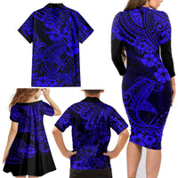 Hawaii Shark Family Matching Long Sleeve Bodycon Dress and Hawaiian Shirt Polynesian Pattern Navy Blue Version - Wonder Print Shop