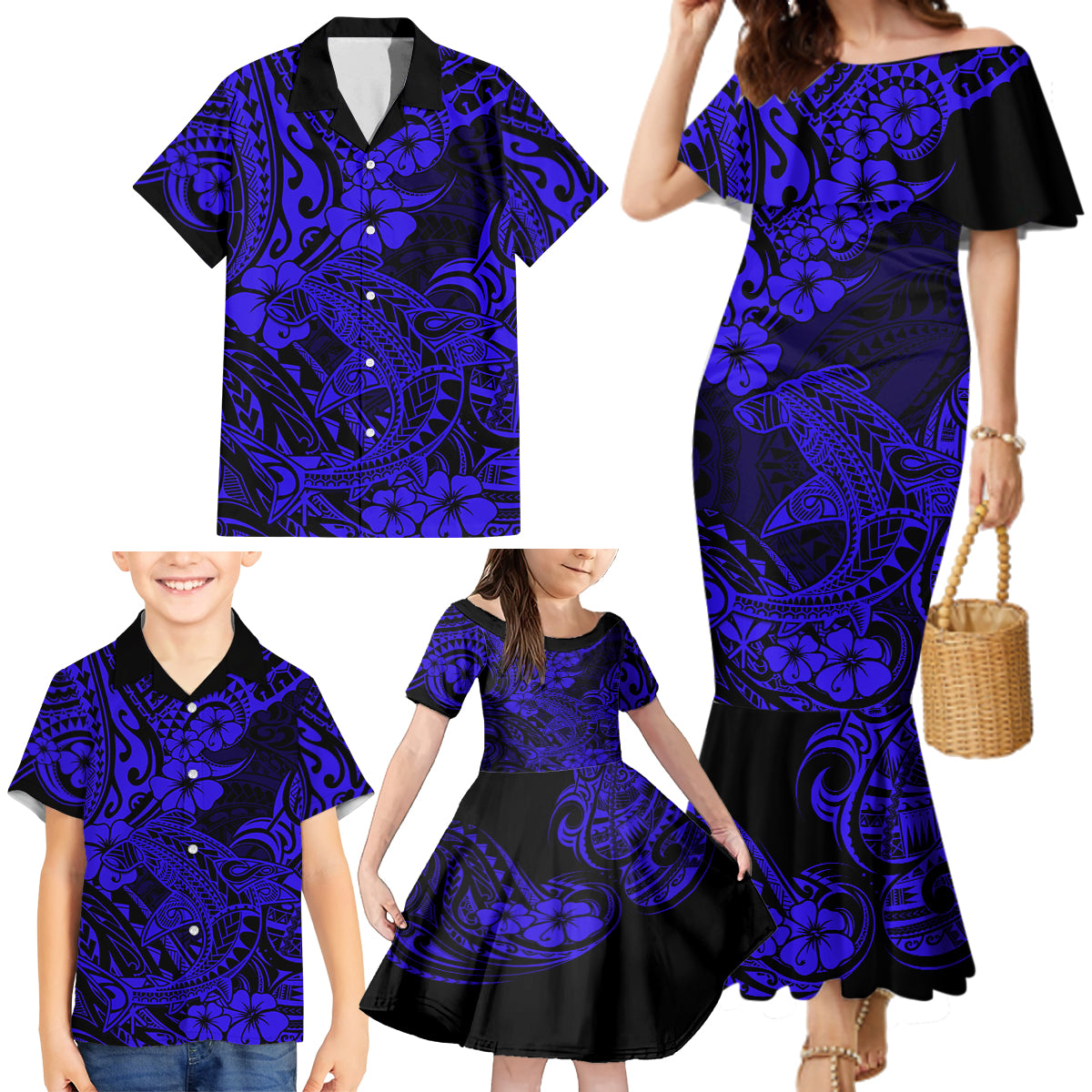 Hawaii Shark Family Matching Mermaid Dress and Hawaiian Shirt Polynesian Pattern Navy Blue Version - Wonder Print Shop