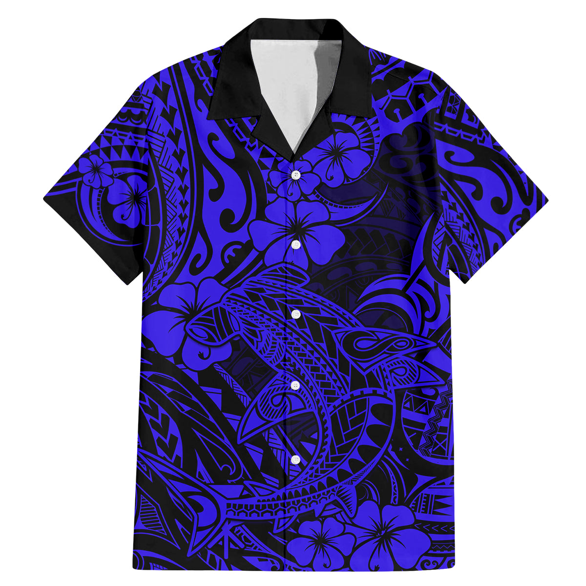 Hawaii Shark Family Matching Mermaid Dress and Hawaiian Shirt Polynesian Pattern Navy Blue Version - Wonder Print Shop