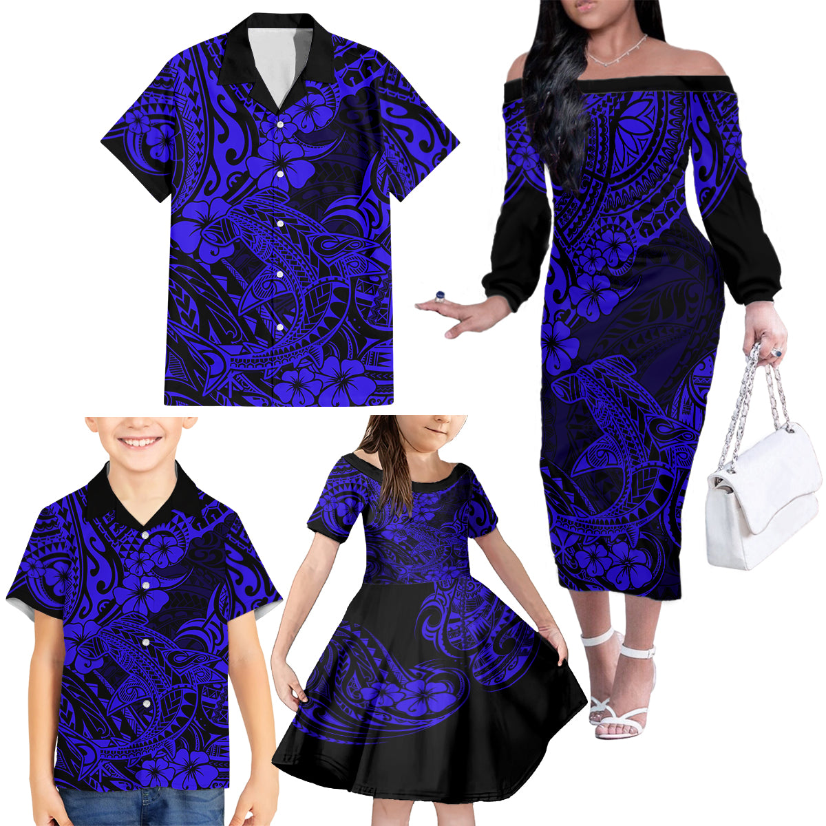 Hawaii Shark Family Matching Off Shoulder Long Sleeve Dress and Hawaiian Shirt Polynesian Pattern Navy Blue Version - Wonder Print Shop