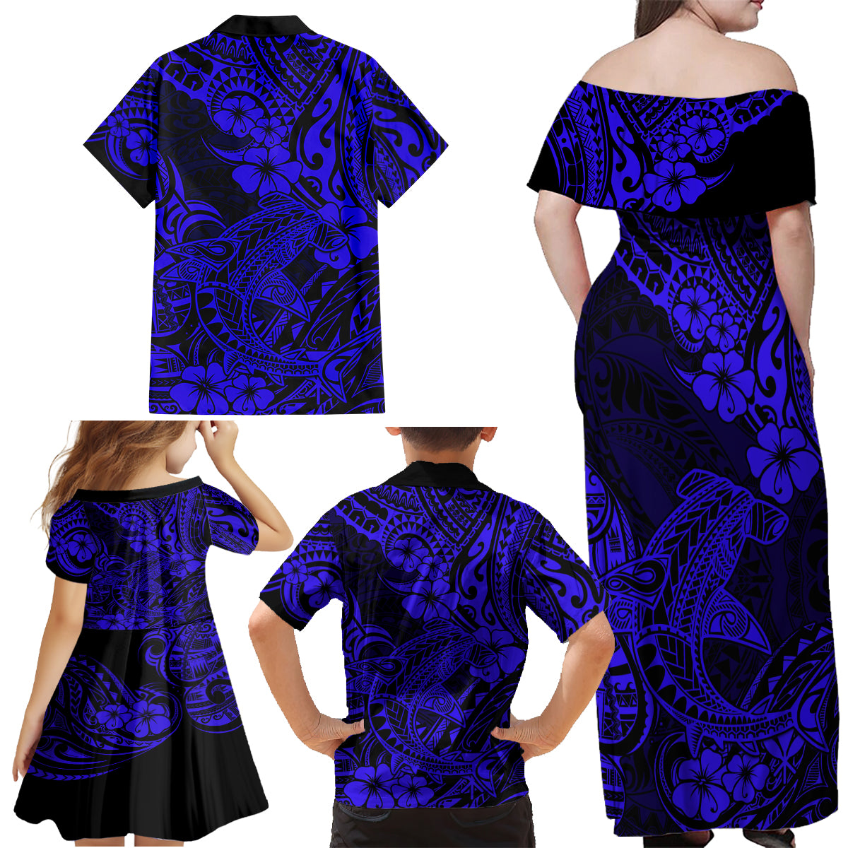 Hawaii Shark Family Matching Off Shoulder Maxi Dress and Hawaiian Shirt Polynesian Pattern Navy Blue Version - Wonder Print Shop