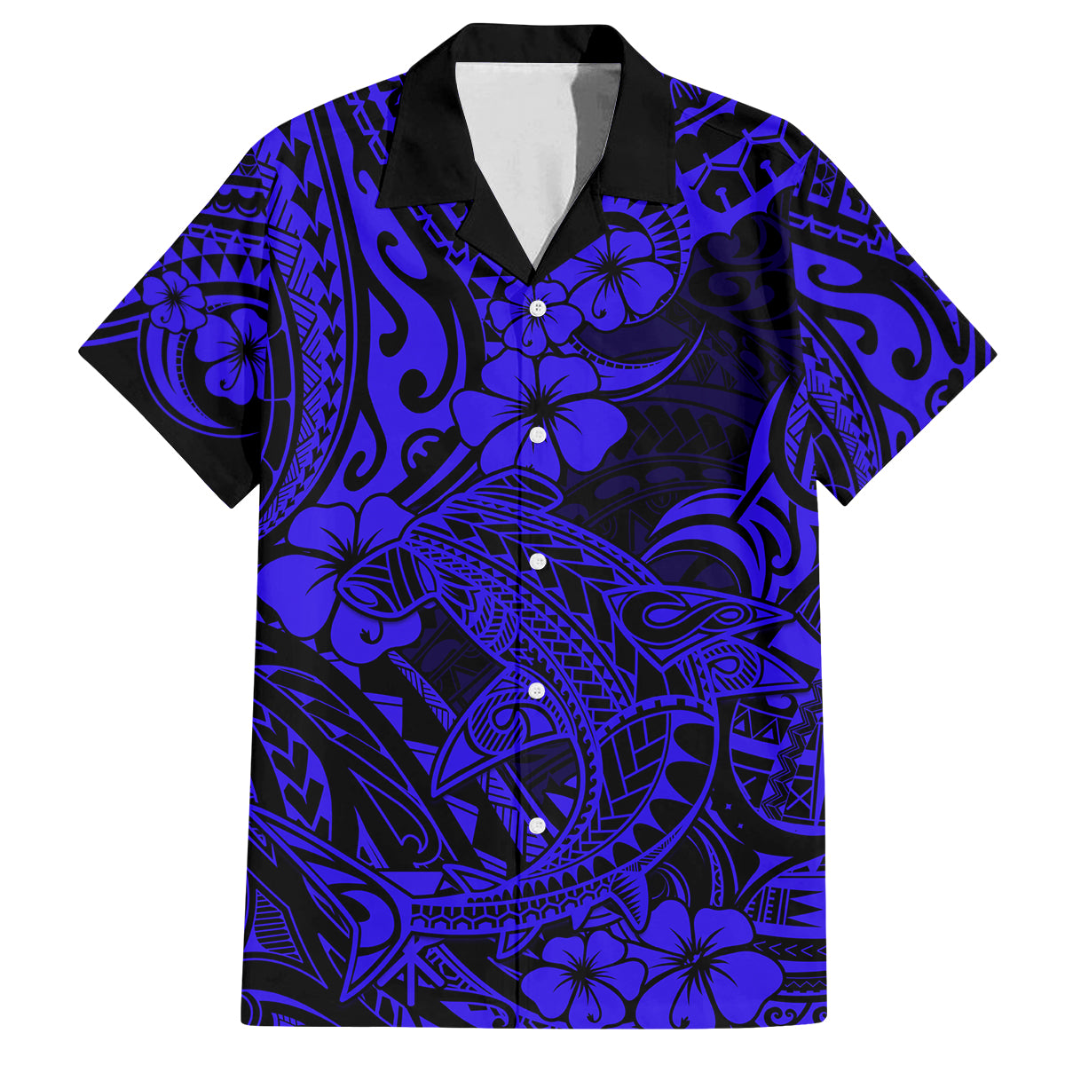 Hawaii Shark Family Matching Off Shoulder Maxi Dress and Hawaiian Shirt Polynesian Pattern Navy Blue Version - Wonder Print Shop