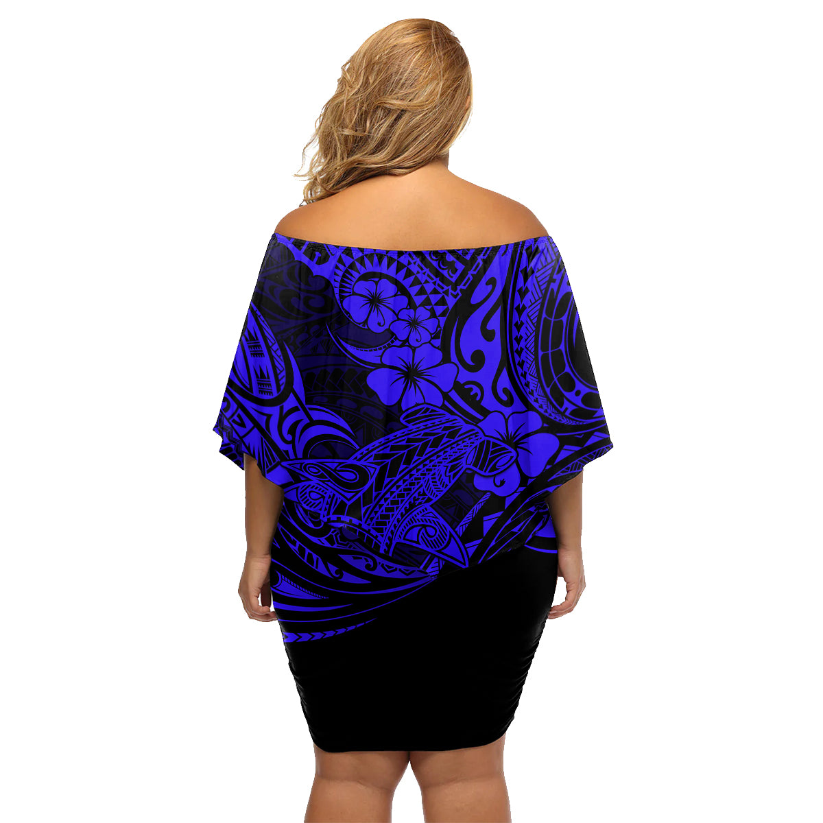 Hawaii Shark Family Matching Off Shoulder Short Dress and Hawaiian Shirt Polynesian Pattern Navy Blue Version - Wonder Print Shop