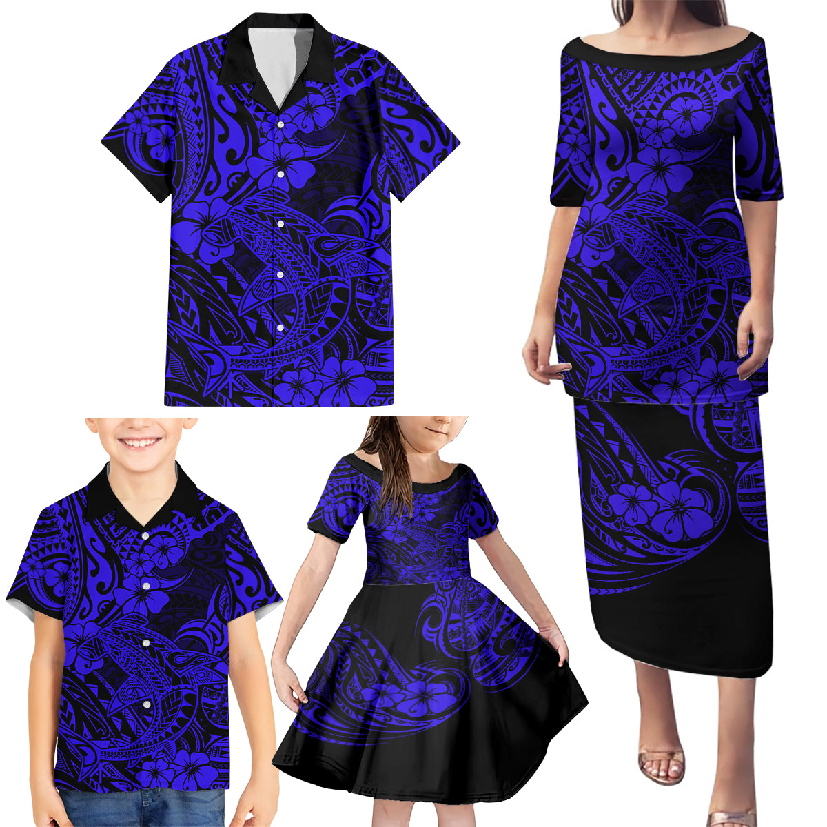 Hawaii Shark Family Matching Puletasi Dress and Hawaiian Shirt Polynesian Pattern Navy Blue Version - Wonder Print Shop