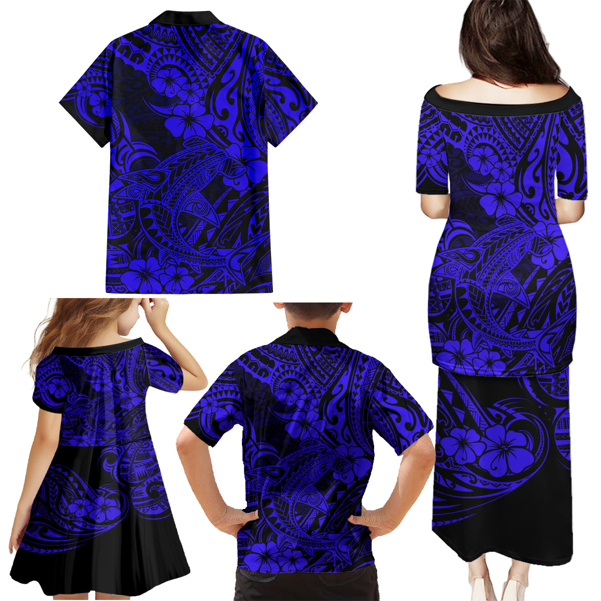 Hawaii Shark Family Matching Puletasi Dress and Hawaiian Shirt Polynesian Pattern Navy Blue Version - Wonder Print Shop
