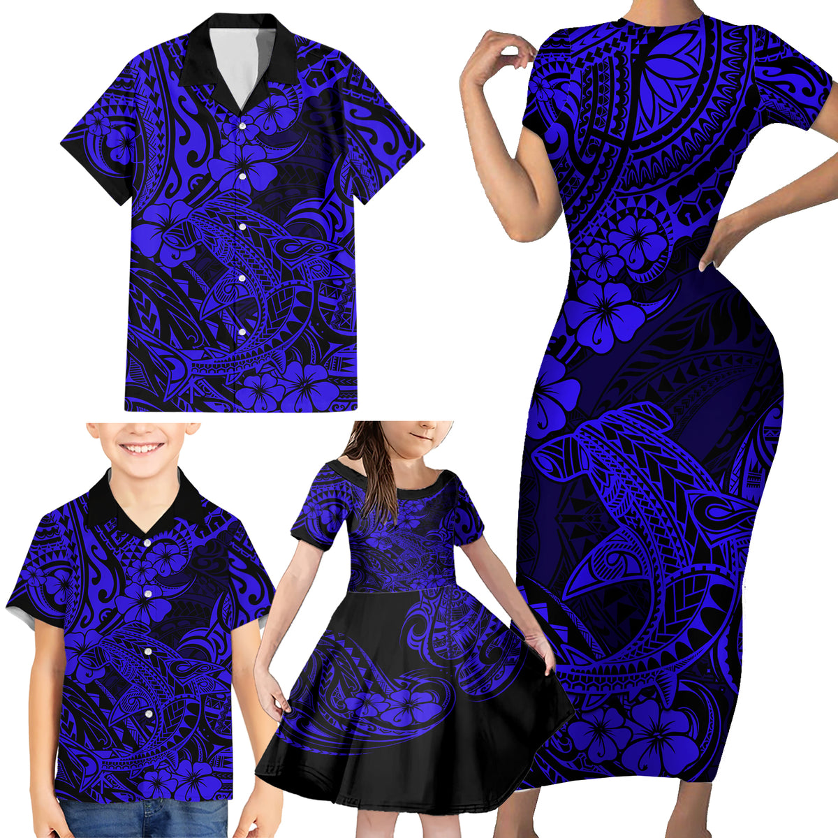 Hawaii Shark Family Matching Short Sleeve Bodycon Dress and Hawaiian Shirt Polynesian Pattern Navy Blue Version - Wonder Print Shop