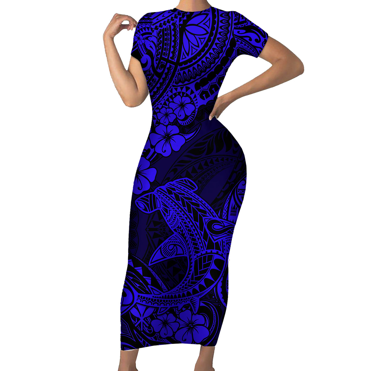 Hawaii Shark Family Matching Short Sleeve Bodycon Dress and Hawaiian Shirt Polynesian Pattern Navy Blue Version - Wonder Print Shop