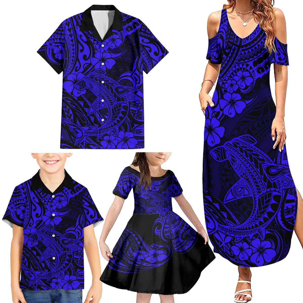 Hawaii Shark Family Matching Summer Maxi Dress and Hawaiian Shirt Polynesian Pattern Navy Blue Version - Wonder Print Shop