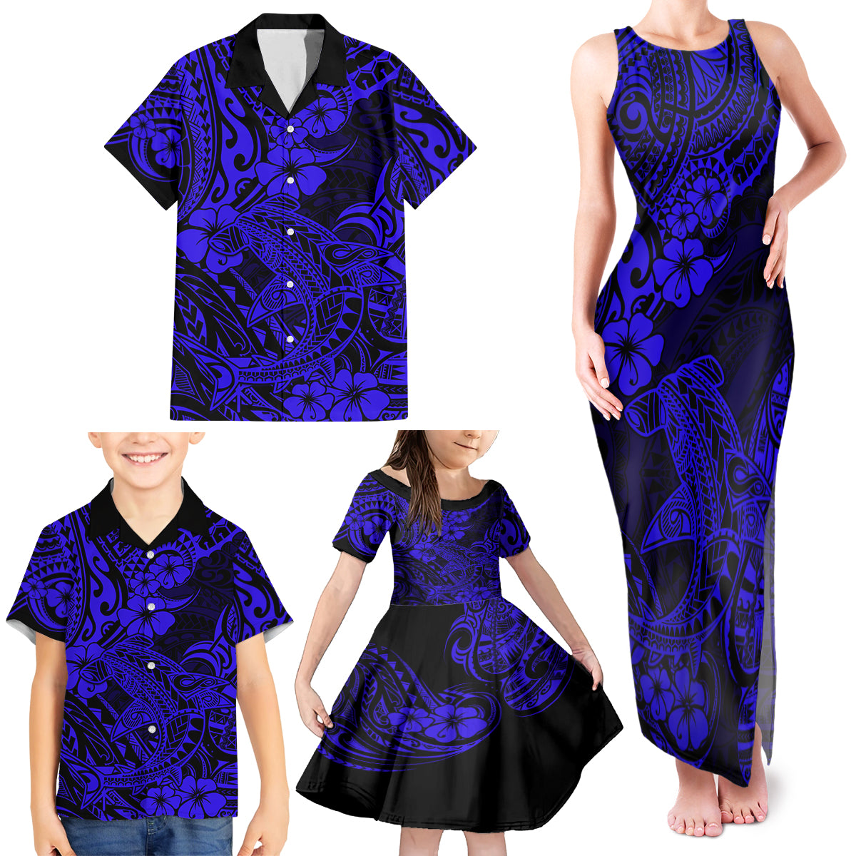 Hawaii Shark Family Matching Tank Maxi Dress and Hawaiian Shirt Polynesian Pattern Navy Blue Version - Wonder Print Shop