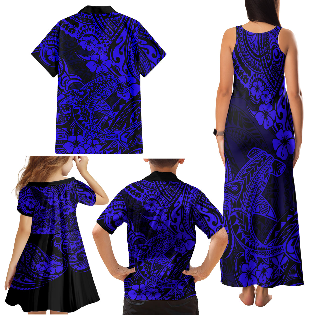 Hawaii Shark Family Matching Tank Maxi Dress and Hawaiian Shirt Polynesian Pattern Navy Blue Version - Wonder Print Shop