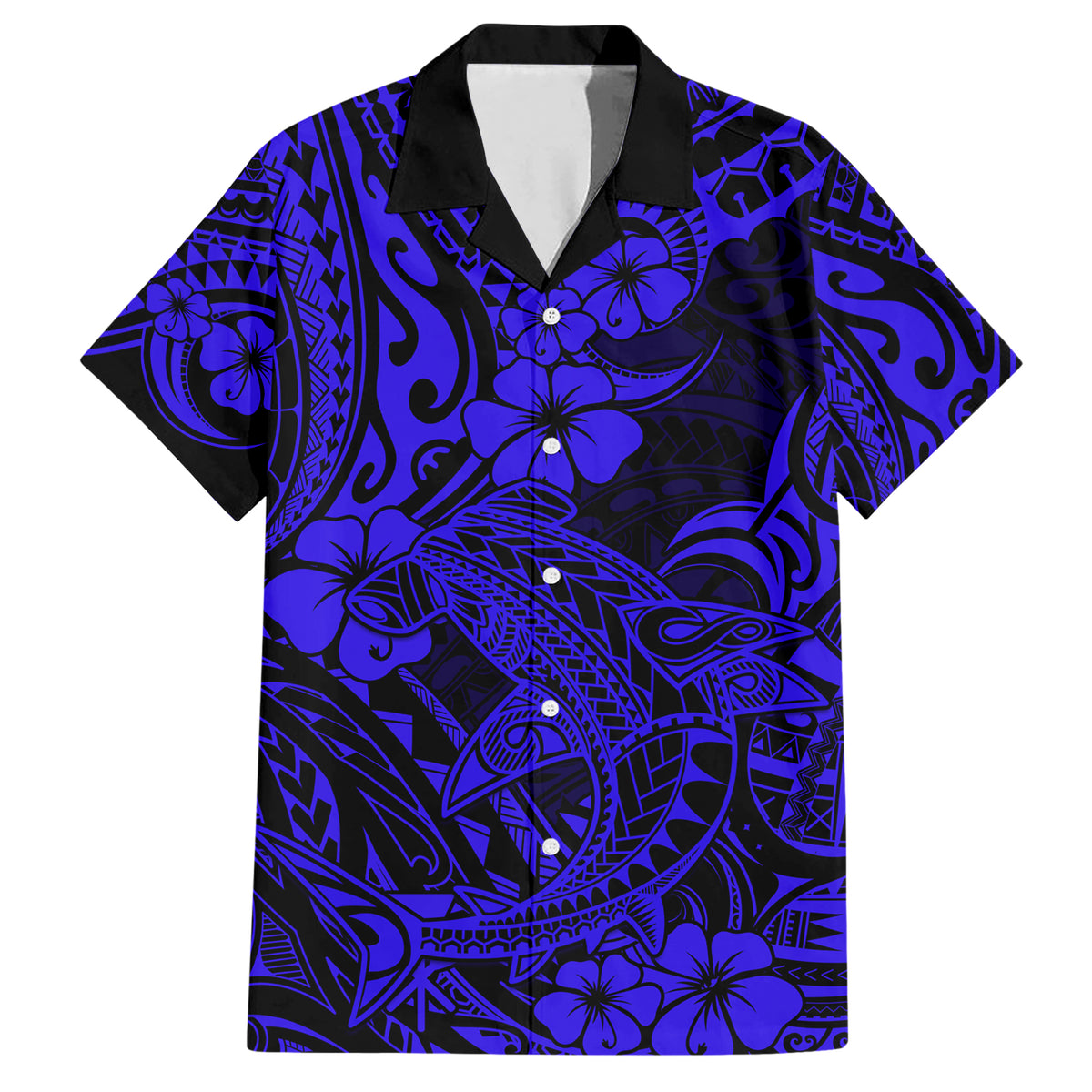 Hawaii Shark Hawaiian Shirt Polynesian Pattern Navy Blue Version - Wonder Print Shop