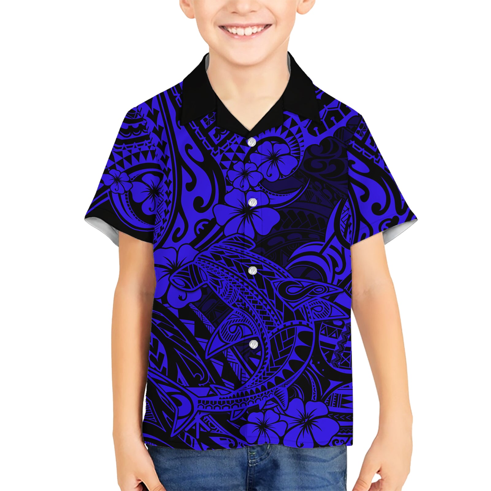 Hawaii Shark Kid Hawaiian Shirt Polynesian Pattern Navy Blue Version - Wonder Print Shop