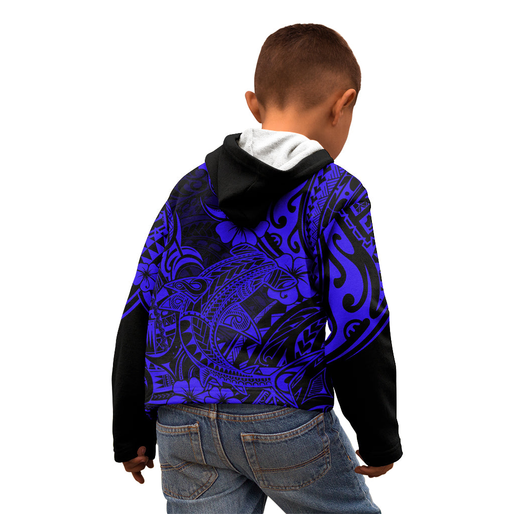 Hawaii Shark Kid Hoodie Polynesian Pattern Navy Blue Version - Wonder Print Shop