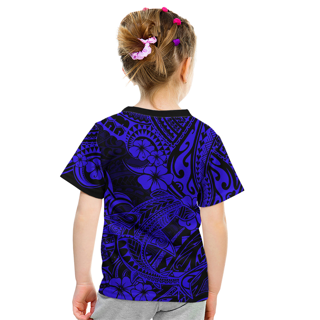 Hawaii Shark Kid T Shirt Polynesian Pattern Navy Blue Version - Wonder Print Shop