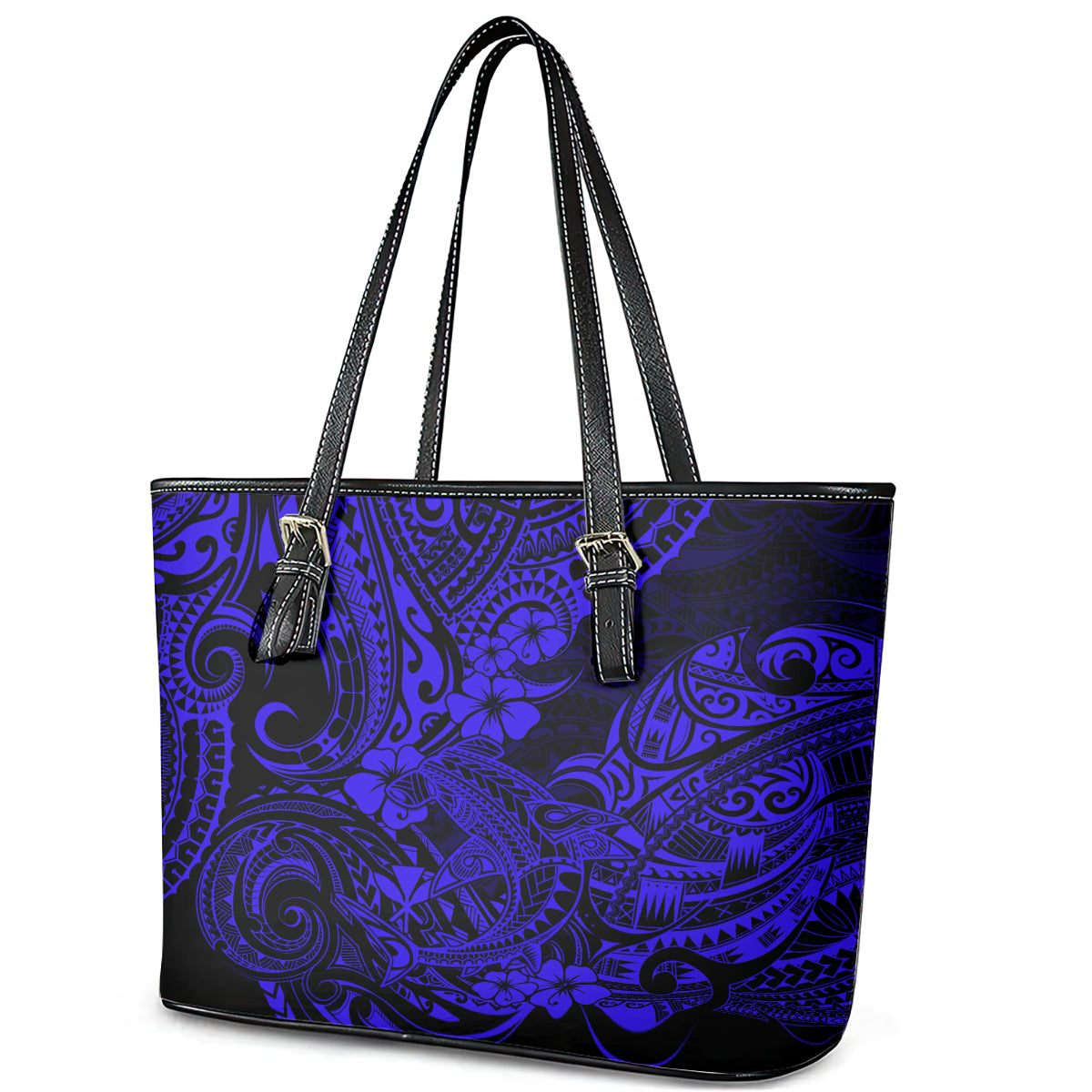 Hawaii Shark Leather Tote Bag Polynesian Pattern Navy Blue Version - Wonder Print Shop