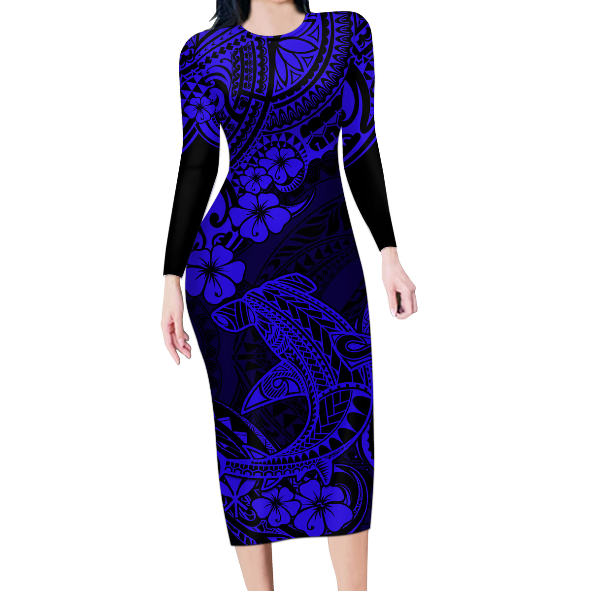 Hawaii Shark Long Sleeve Bodycon Dress Polynesian Pattern Navy Blue Version - Wonder Print Shop