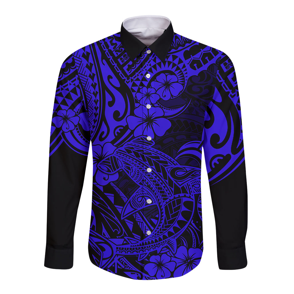 Hawaii Shark Long Sleeve Button Shirt Polynesian Pattern Navy Blue Version - Wonder Print Shop