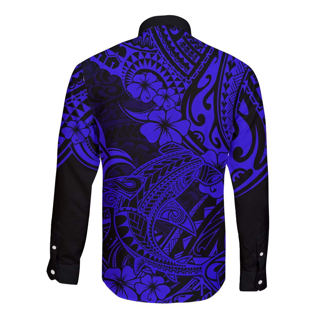 Hawaii Shark Long Sleeve Button Shirt Polynesian Pattern Navy Blue Version - Wonder Print Shop
