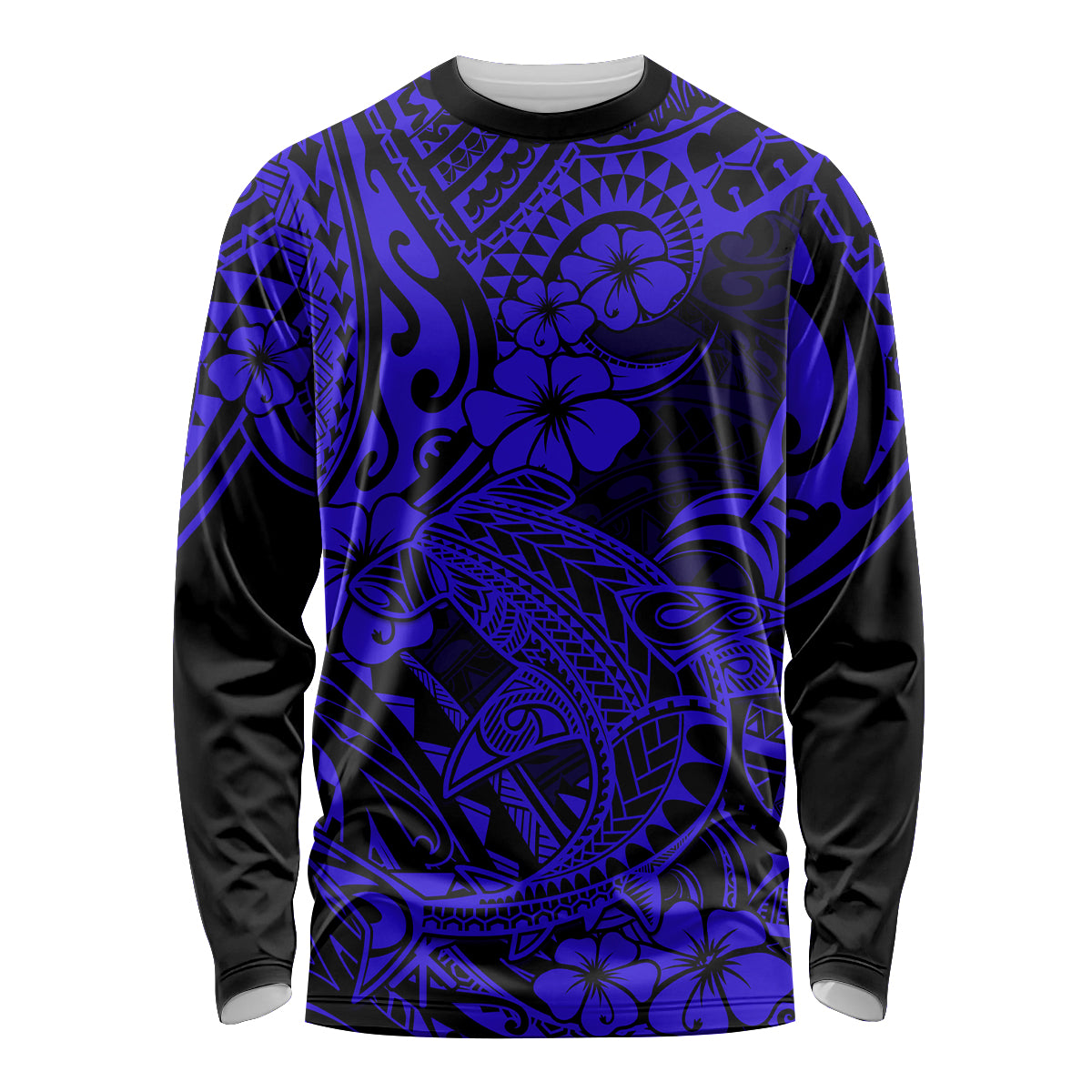 Hawaii Shark Long Sleeve Shirt Polynesian Pattern Navy Blue Version - Wonder Print Shop