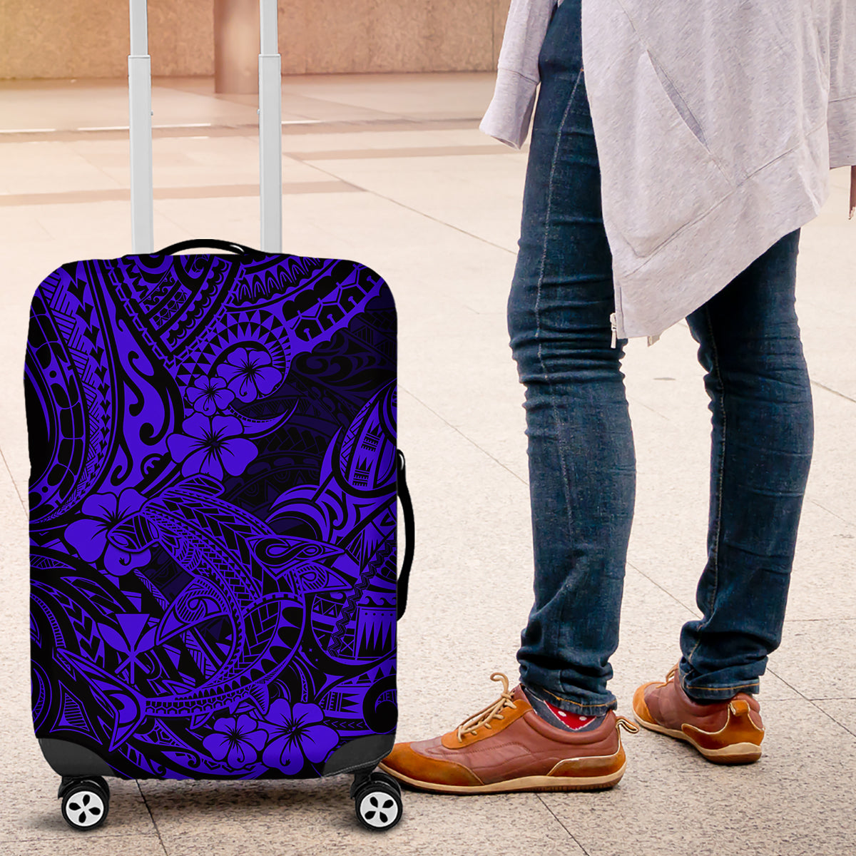 Hawaii Shark Luggage Cover Polynesian Pattern Navy Blue Version - Wonder Print Shop