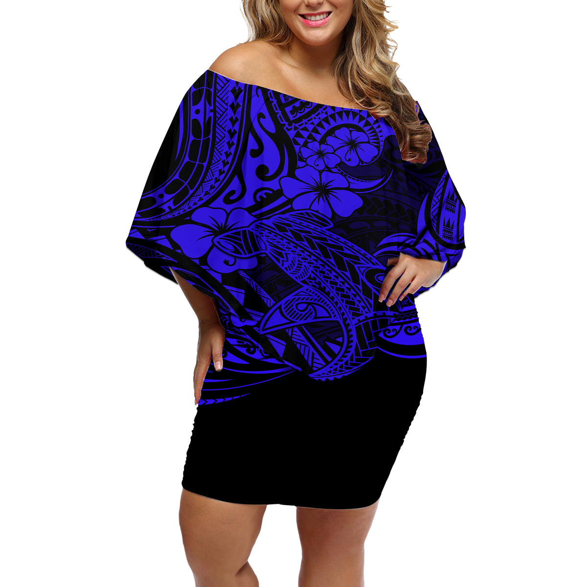 Hawaii Shark Off Shoulder Short Dress Polynesian Pattern Navy Blue Version - Wonder Print Shop