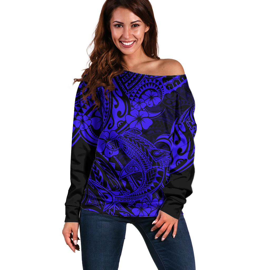 Hawaii Shark Off Shoulder Sweater Polynesian Pattern Navy Blue Version - Wonder Print Shop