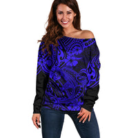 Hawaii Shark Off Shoulder Sweater Polynesian Pattern Navy Blue Version - Wonder Print Shop