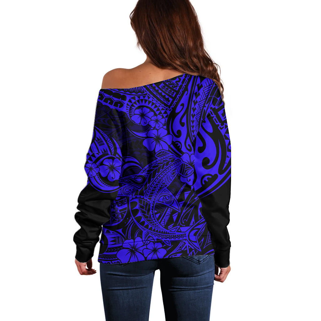 Hawaii Shark Off Shoulder Sweater Polynesian Pattern Navy Blue Version - Wonder Print Shop