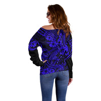 Hawaii Shark Off Shoulder Sweater Polynesian Pattern Navy Blue Version - Wonder Print Shop
