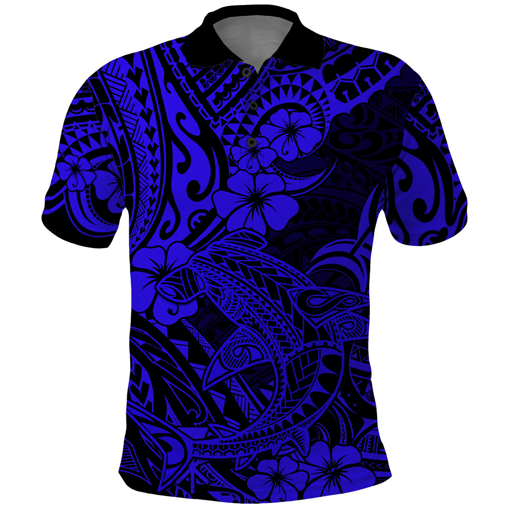 Hawaii Shark Polo Shirt Polynesian Pattern Navy Blue Version - Wonder Print Shop