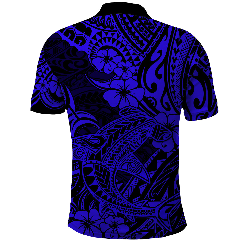 Hawaii Shark Polo Shirt Polynesian Pattern Navy Blue Version - Wonder Print Shop
