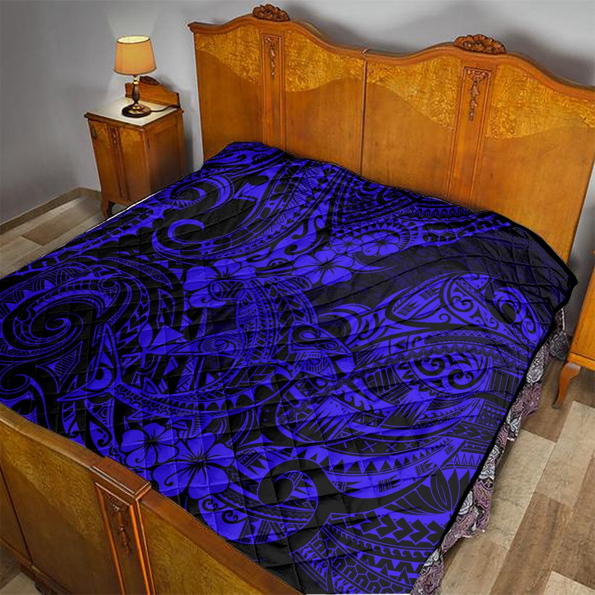 Hawaii Shark Quilt Polynesian Pattern Navy Blue Version - Wonder Print Shop