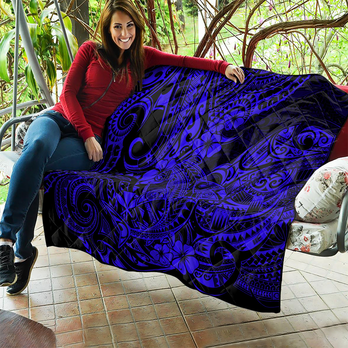 Hawaii Shark Quilt Polynesian Pattern Navy Blue Version - Wonder Print Shop