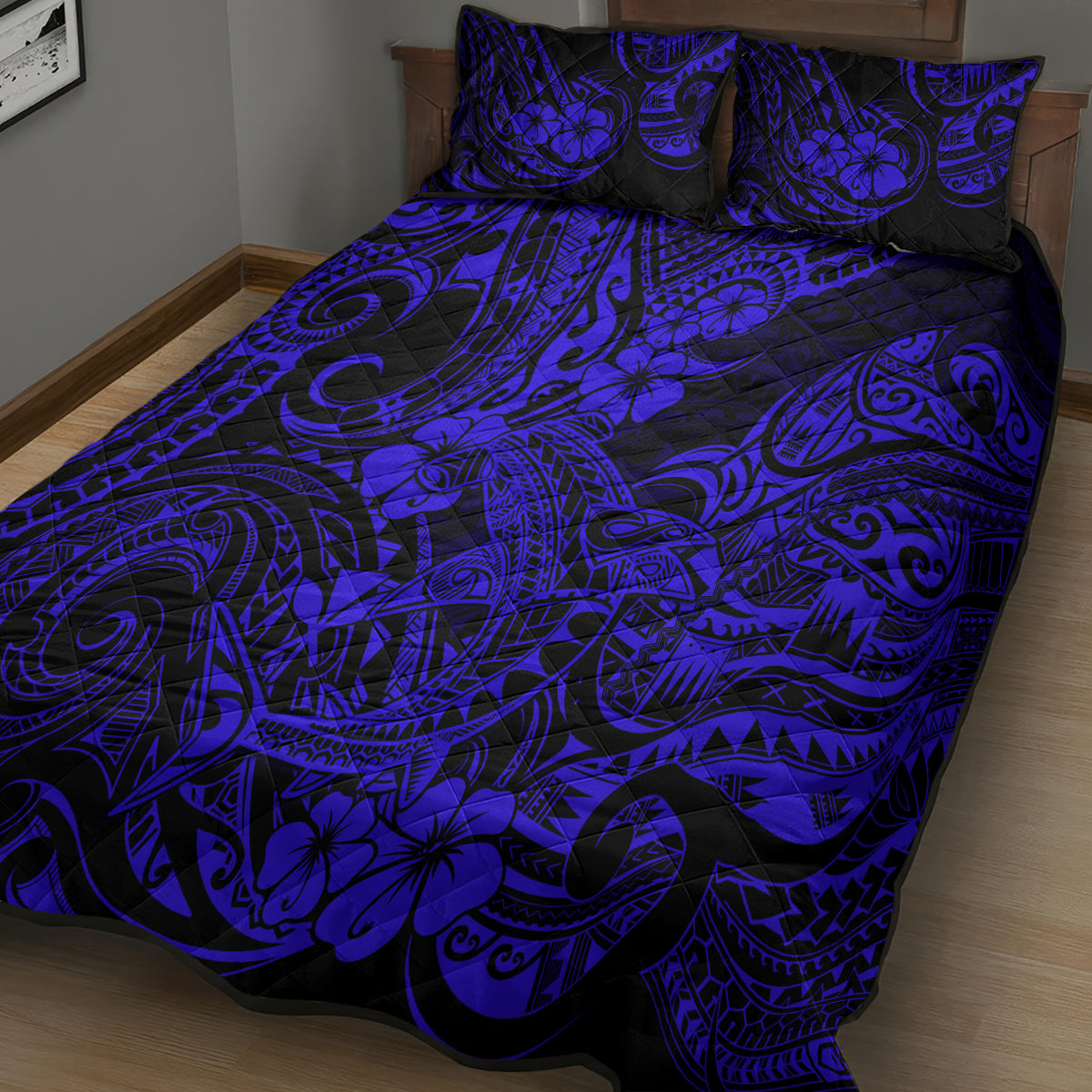 Hawaii Shark Quilt Bed Set Polynesian Pattern Navy Blue Version - Wonder Print Shop