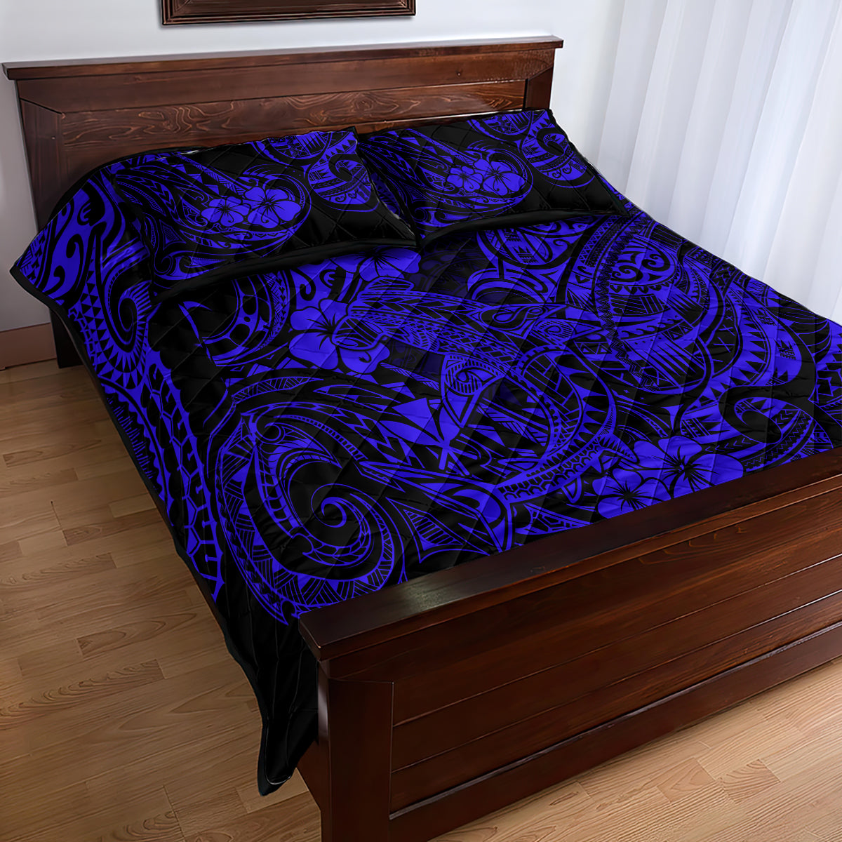 Hawaii Shark Quilt Bed Set Polynesian Pattern Navy Blue Version - Wonder Print Shop