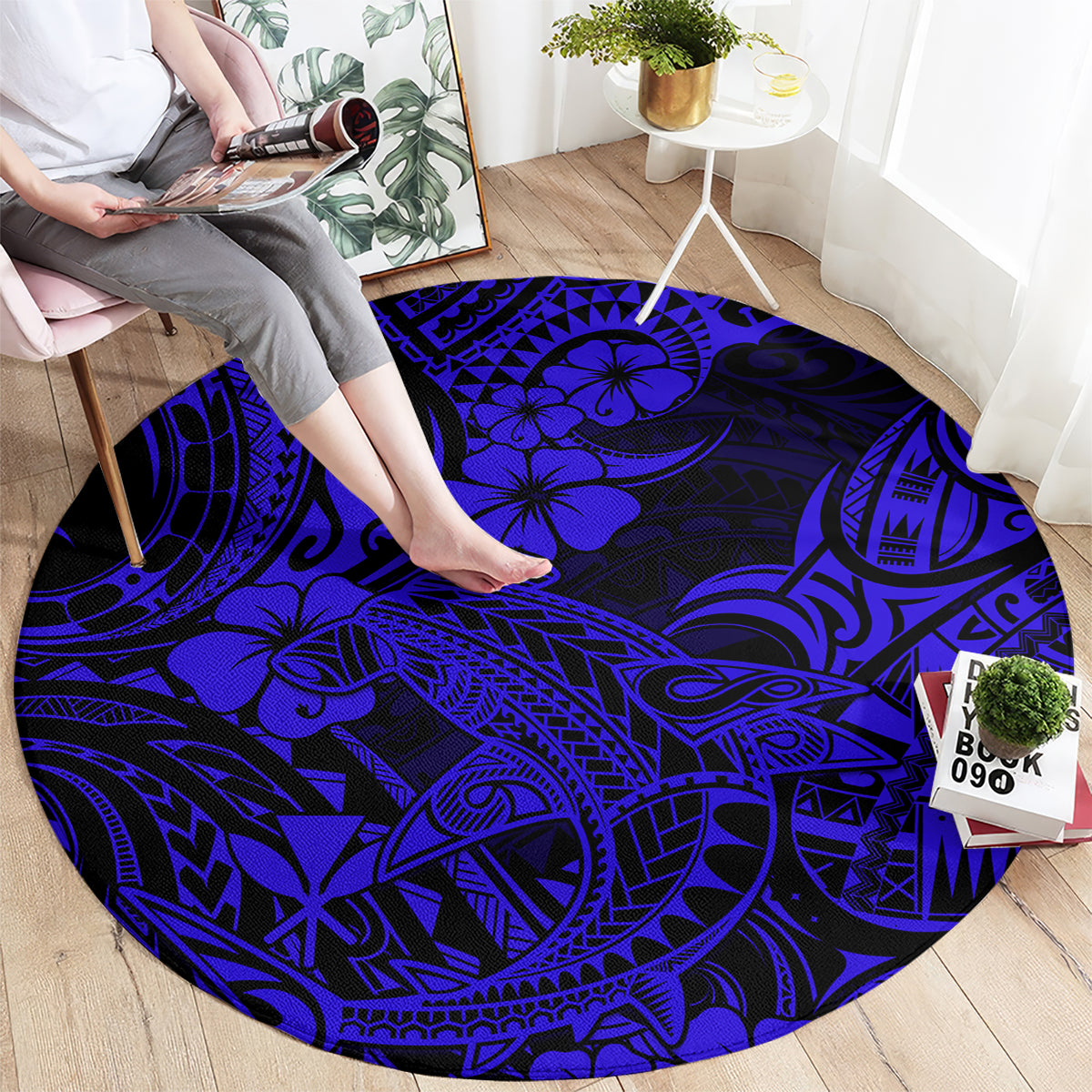 hawaii-shark-round-carpet-polynesian-pattern-navy-blue-version