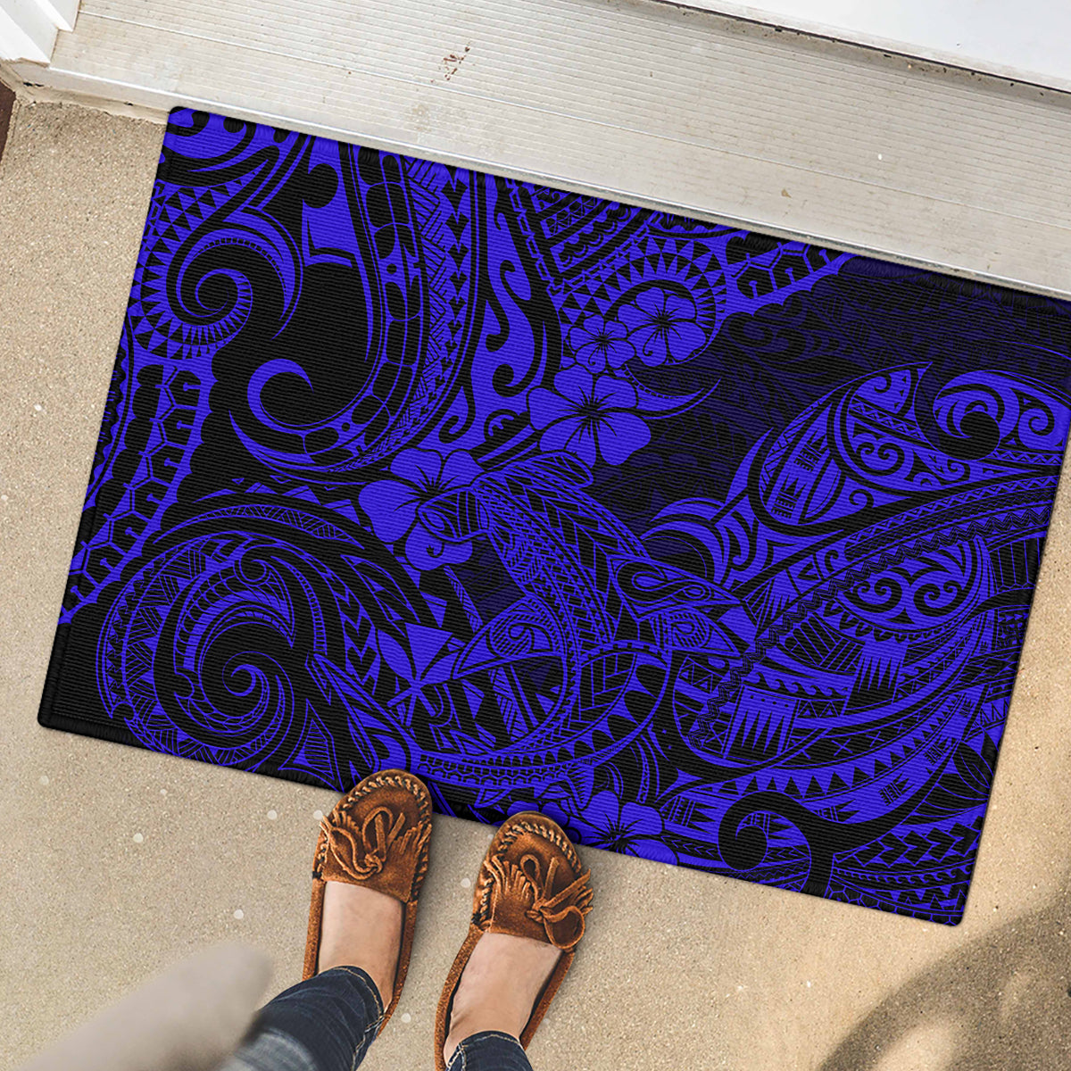 Hawaii Shark Rubber Doormat Polynesian Pattern Navy Blue Version - Wonder Print Shop