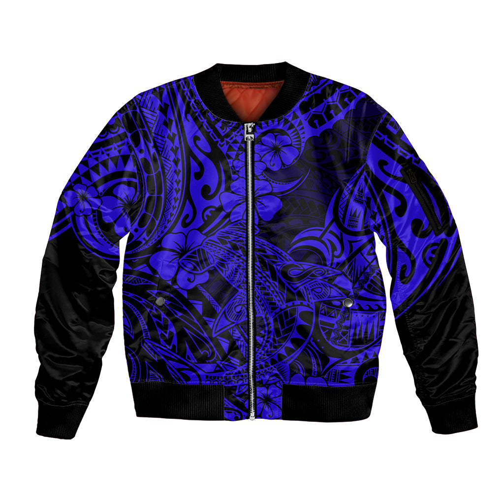 Hawaii Shark Sleeve Zip Bomber Jacket Polynesian Pattern Navy Blue Version - Wonder Print Shop