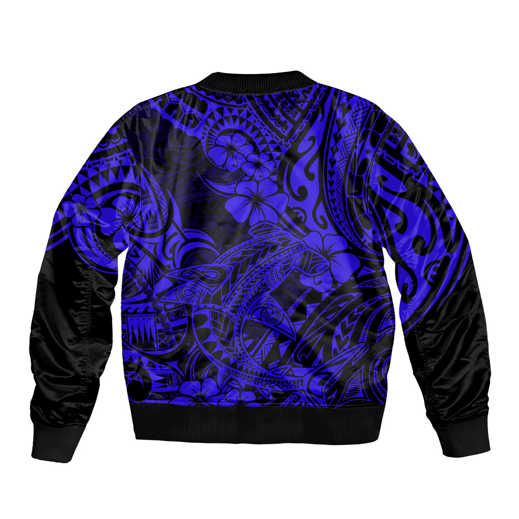 Hawaii Shark Sleeve Zip Bomber Jacket Polynesian Pattern Navy Blue Version - Wonder Print Shop