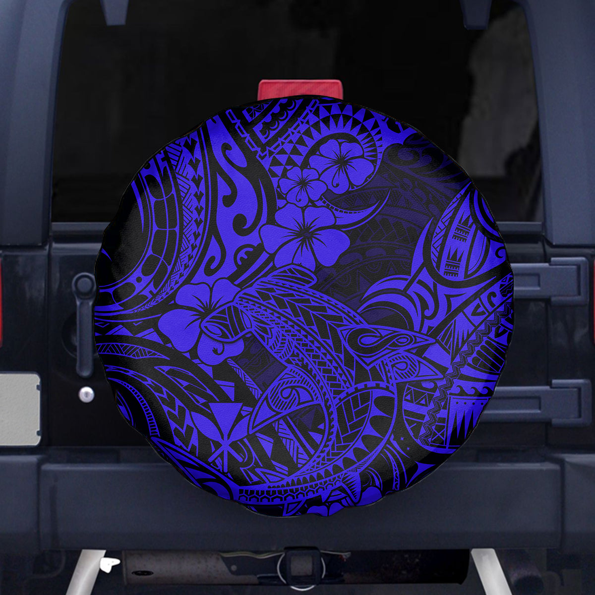 Hawaii Shark Spare Tire Cover Polynesian Pattern Navy Blue Version - Wonder Print Shop