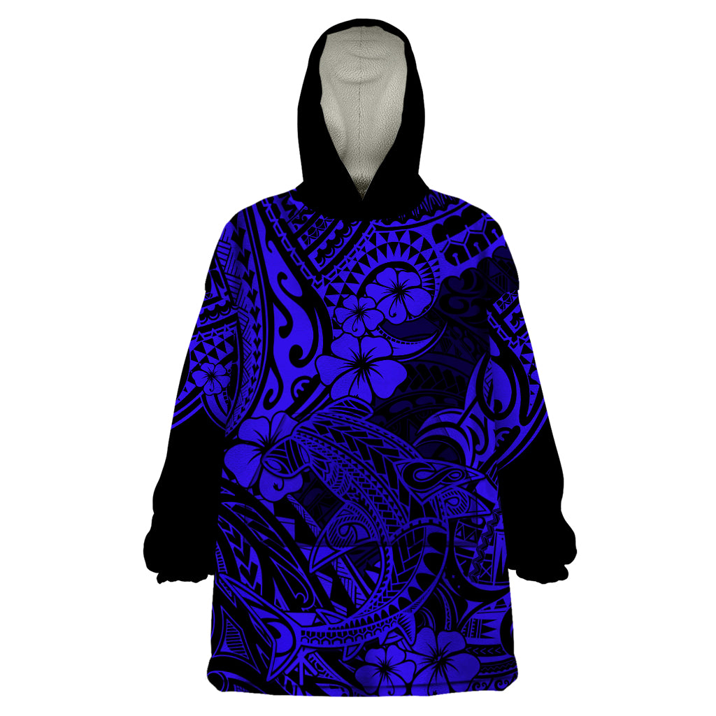 Hawaii Shark Wearable Blanket Hoodie Polynesian Pattern Navy Blue Version - Wonder Print Shop