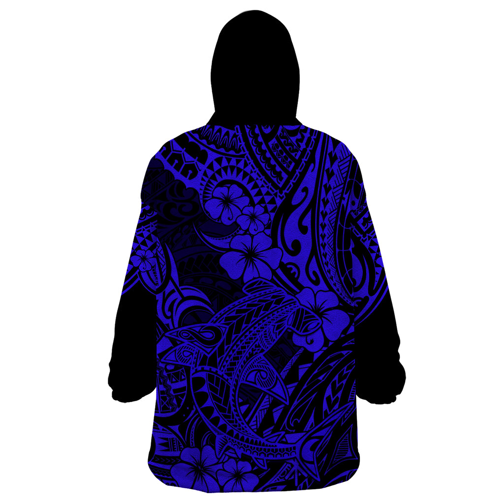 Hawaii Shark Wearable Blanket Hoodie Polynesian Pattern Navy Blue Version - Wonder Print Shop