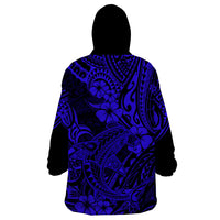 Hawaii Shark Wearable Blanket Hoodie Polynesian Pattern Navy Blue Version - Wonder Print Shop