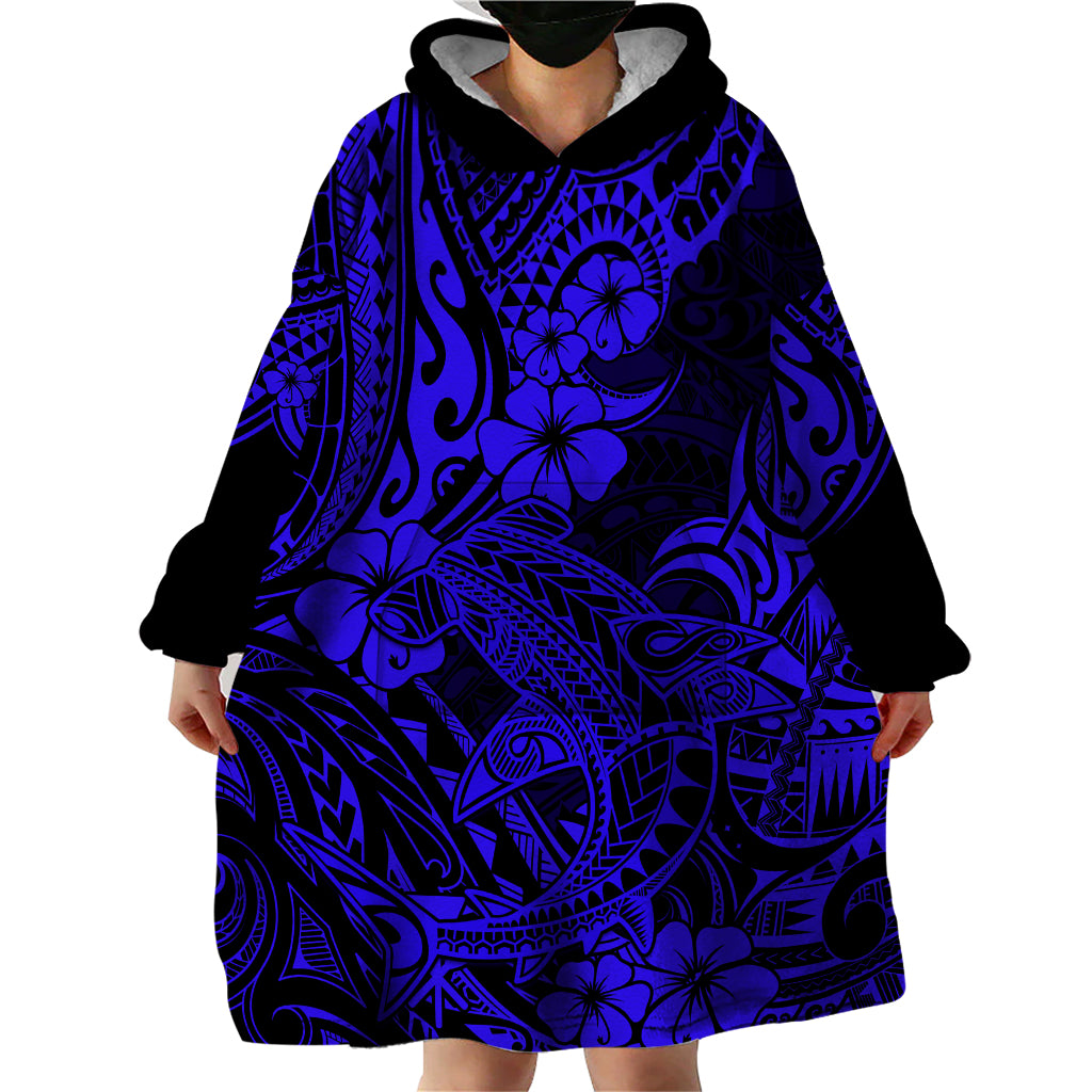 Hawaii Shark Wearable Blanket Hoodie Polynesian Pattern Navy Blue Version - Wonder Print Shop